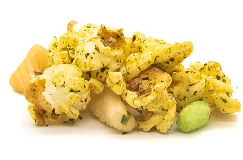 A pile of seasoned popcorn with a few different snack pieces.