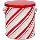 Candy cane tin canister with red and white stripes, metal material.