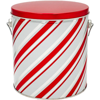 Candy cane tin canister with red and white stripes, metal material.