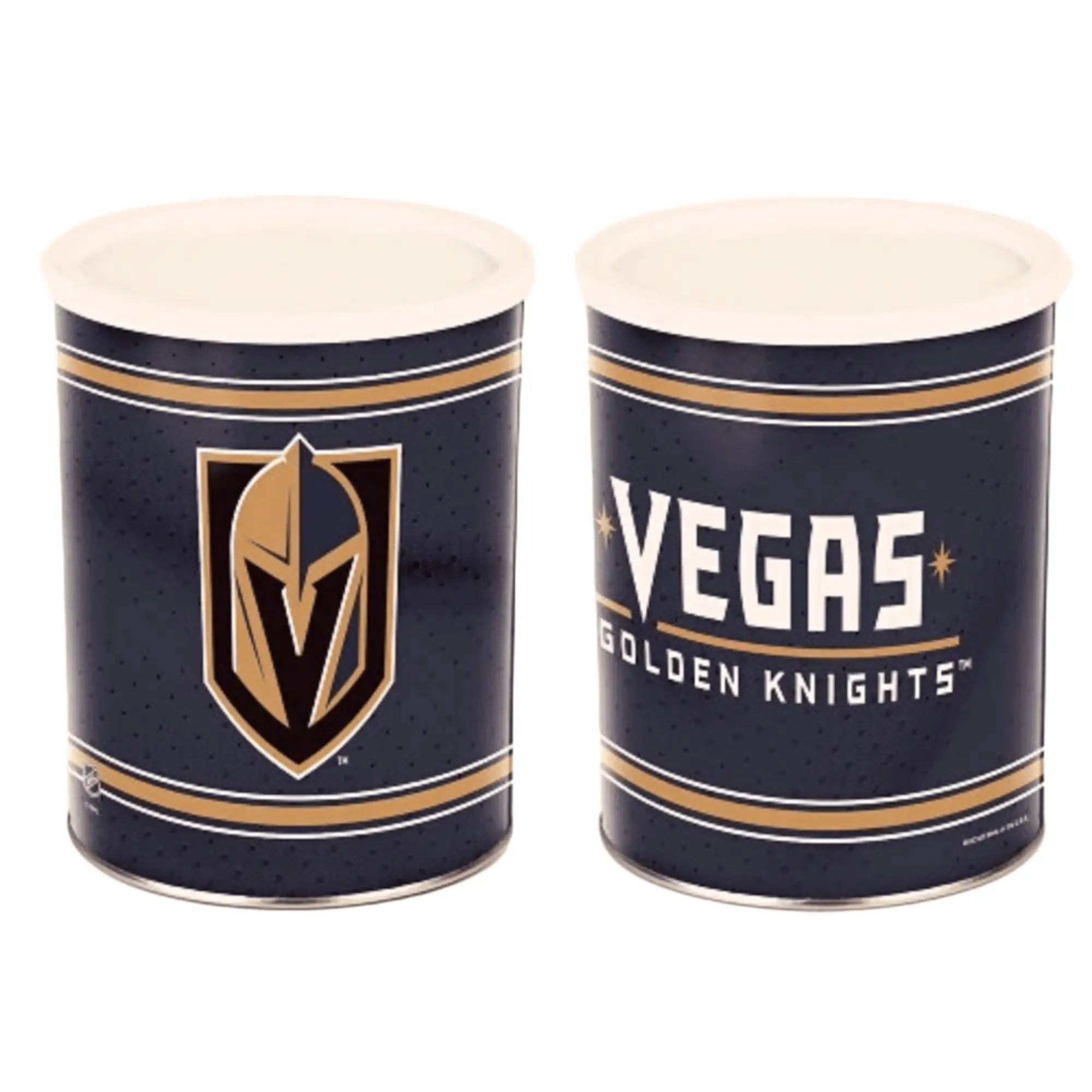 Two cylindrical containers with lids, featuring the Vegas Golden Knights logo and team name.