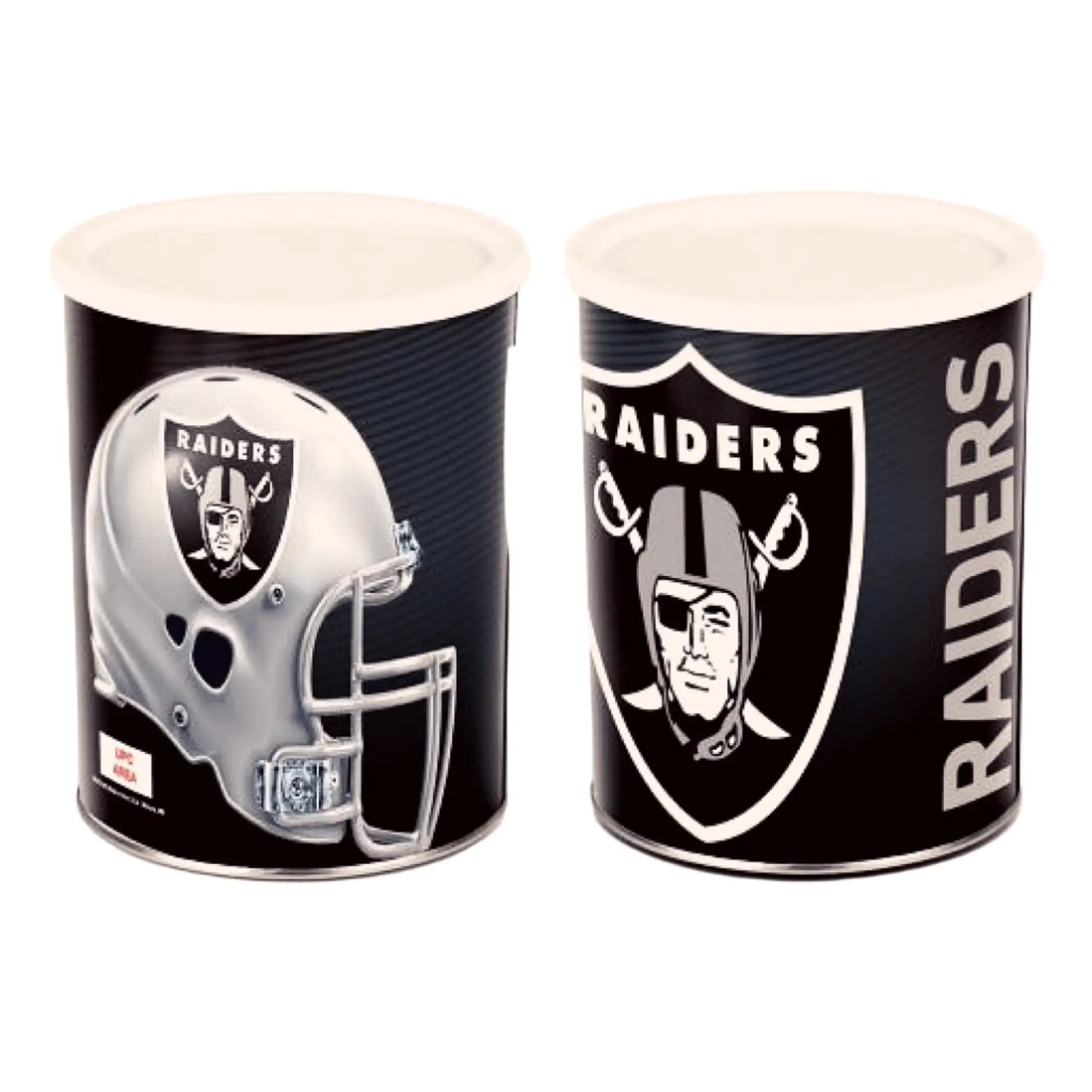 Two cylindrical Raiders-themed containers with white lids.