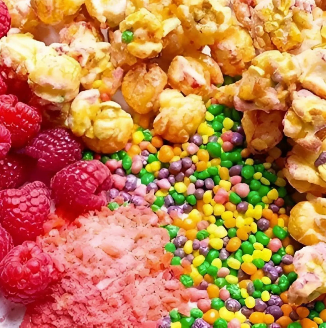 Colorful popcorn with raspberries and rainbow sprinkles on a white plate
