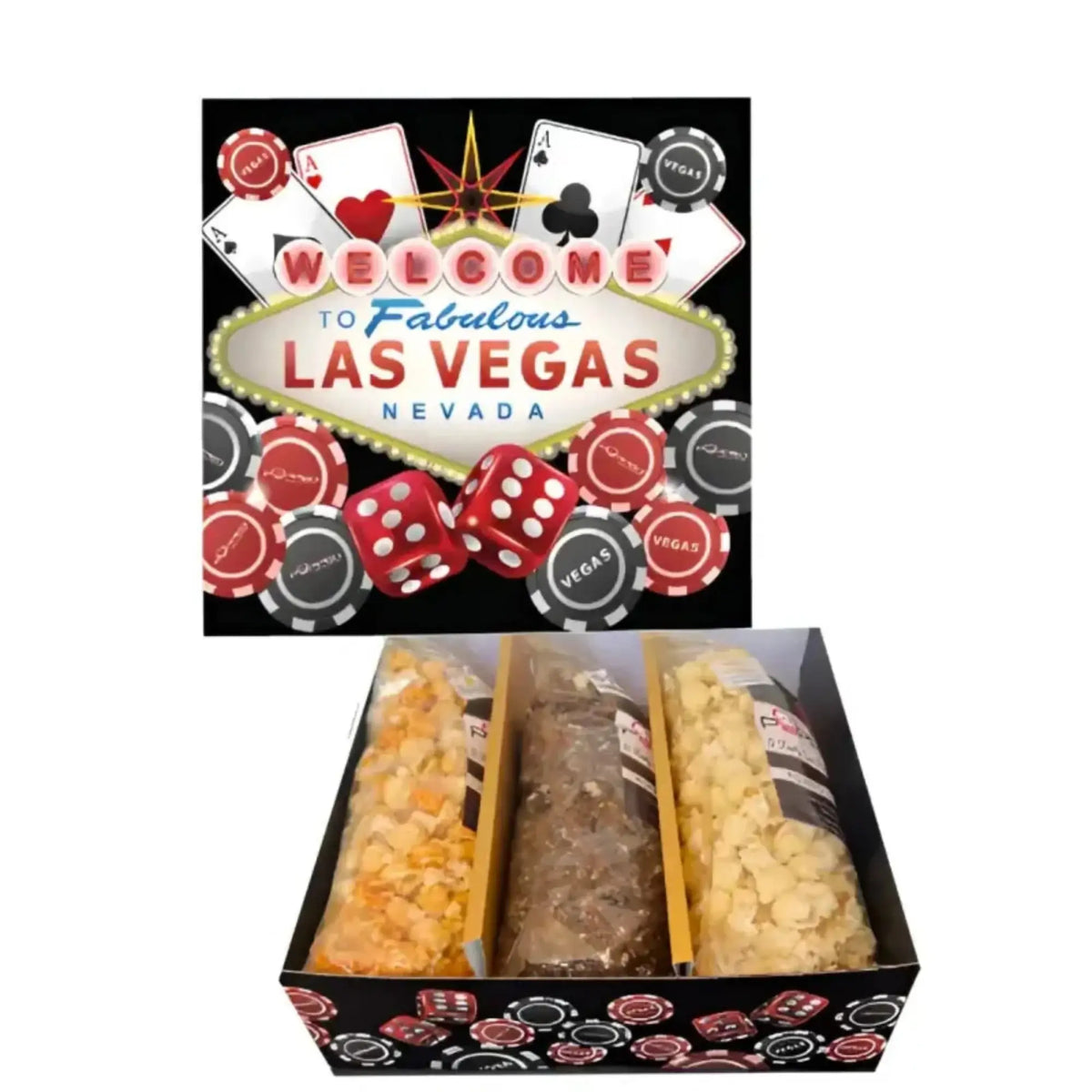 Gift box with three bags of snacks and a Las Vegas-themed graphic.