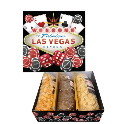 Gift box with three bags of snacks and a Las Vegas-themed graphic.
