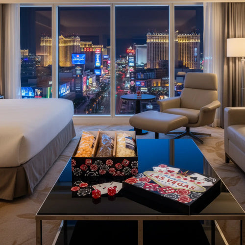 Luxury hotel room with cityscape view, and popped las vegas popcorn gift basket on the table items.