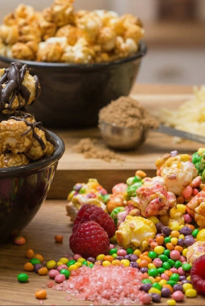 Assorted popcorn flavors on a wooden table with decorative elements.