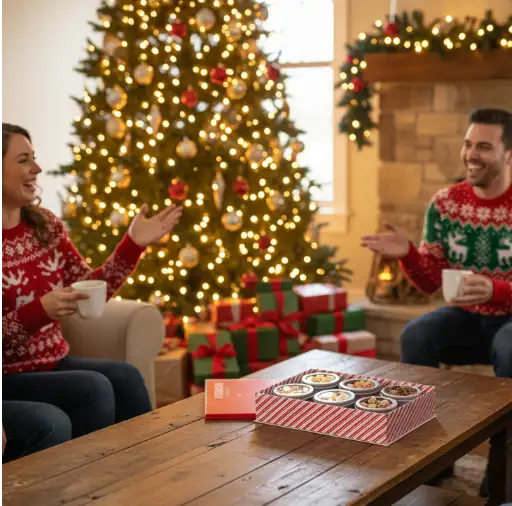 A festive holiday scene with two people sitting in a living room by a decorated Christmas tree and fireplace, holding mugs and smiling. In the foreground, an open red-and-white striped box of assorted cookies sits on a wooden coffee table, with wrapped gift boxes underneath the tree.