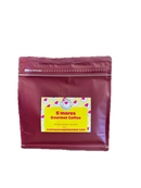 A maroon resealable pouch of popped gourmet coffee smores flavored ground coffee beans with a yellow heart label
