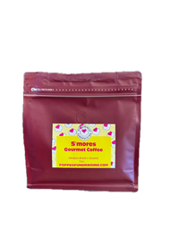 A maroon resealable pouch of popped gourmet coffee smores flavored ground coffee beans with a yellow heart label