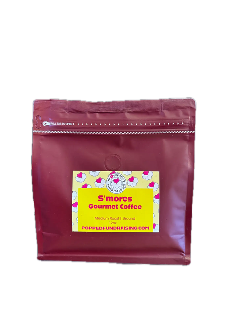 A maroon resealable pouch of popped gourmet coffee smores flavored ground coffee beans with a yellow heart label