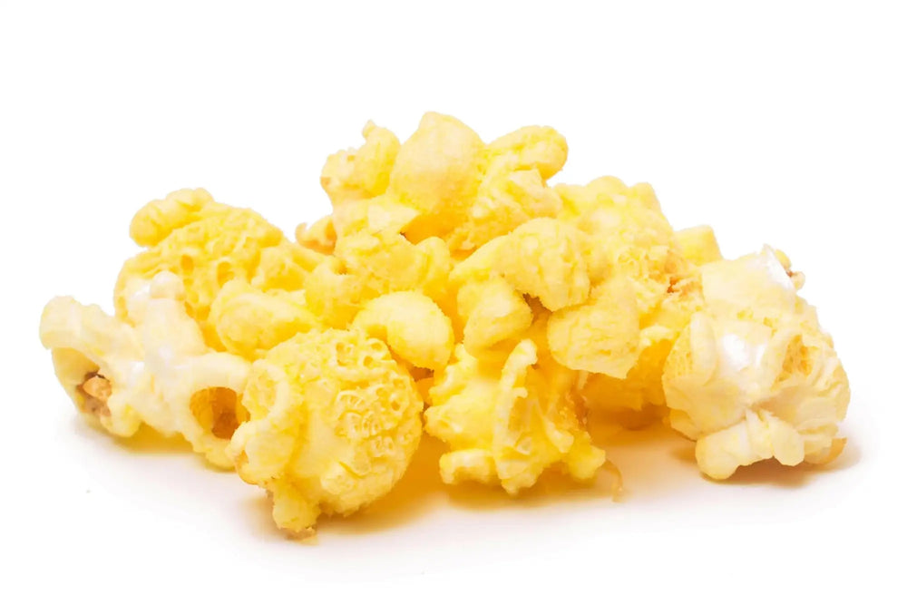 A pile of fluffy, yellow, buttered popcorn.