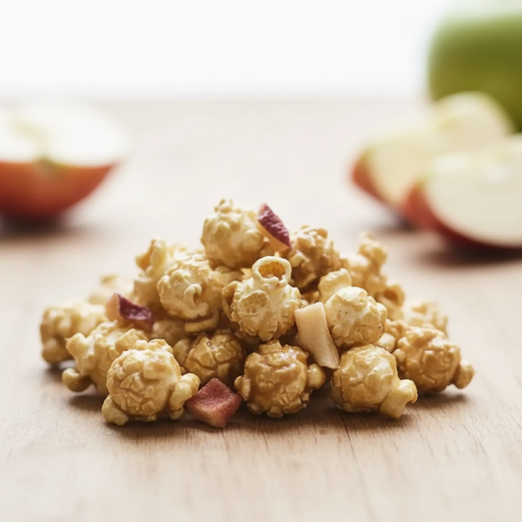 A pile of caramel-coated popcorn with small pieces of red apple and white chocolate, set on a light wooden surface with blurred apple slices in the background.
