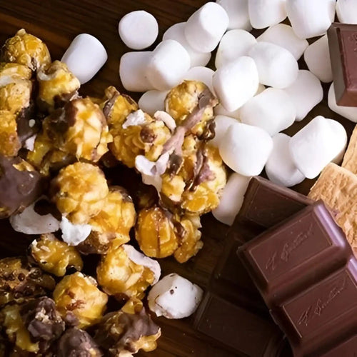 S’mores flavored popcorn with marshmallows, graham crackers, and chocolate bars.