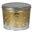 Decorative cylindrical tin with silver lid featuring snowflake patterns on a gold background.
