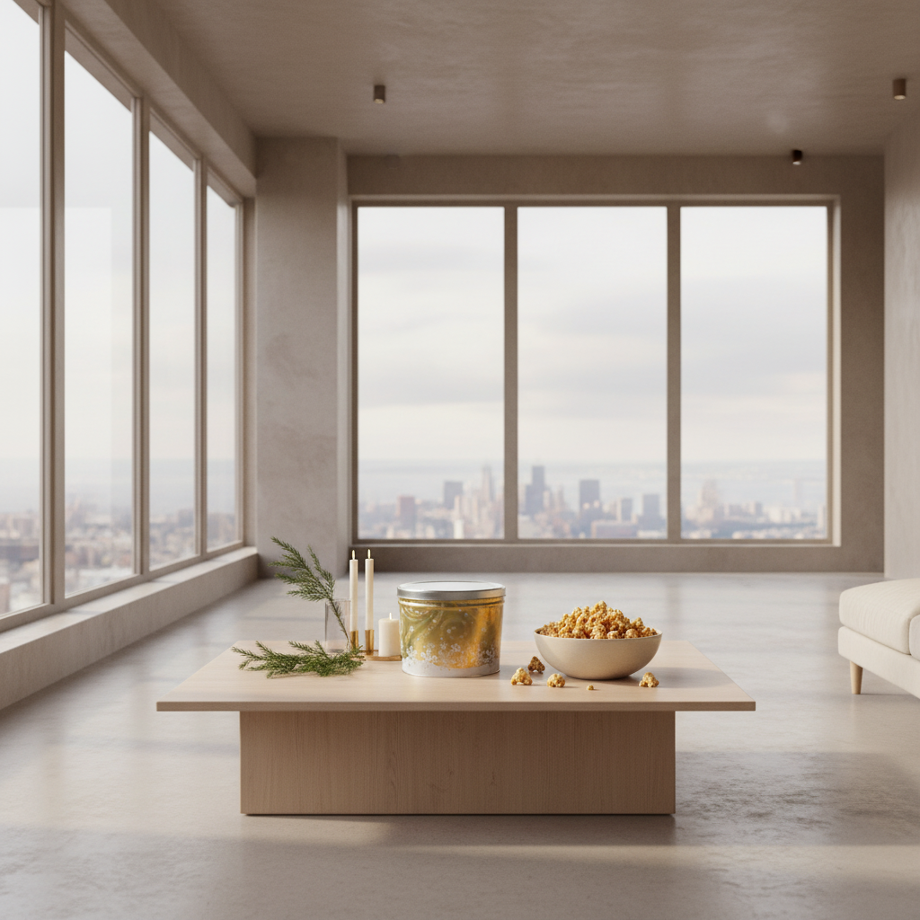 Modern living room with large windows, a coffee table with decor items, and a cityscape view.