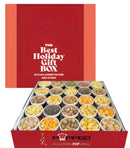 Red and white holiday popcorn gift box with assorted flavors.