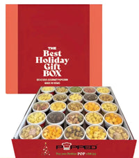 Red and white holiday popcorn gift box with assorted flavors.