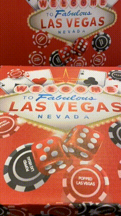 Red poker chip set with white text and dice design, las vegas branding.