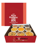 Red holiday gift box with gourmet popcorn and 'Popped' branding.