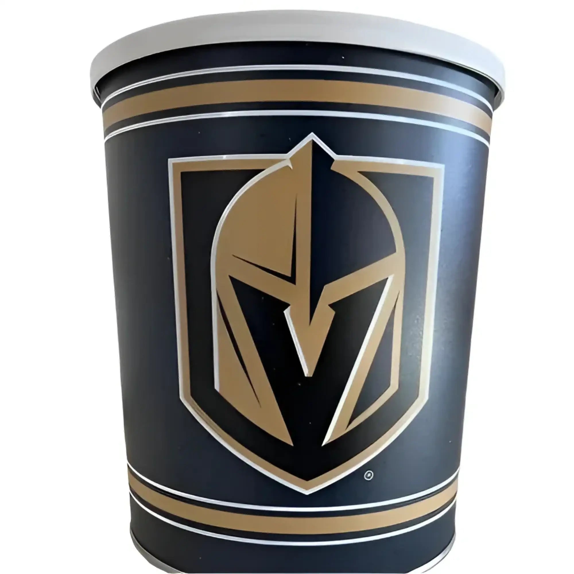 Black and gold Vegas Golden Knights tumbler with a white lid.