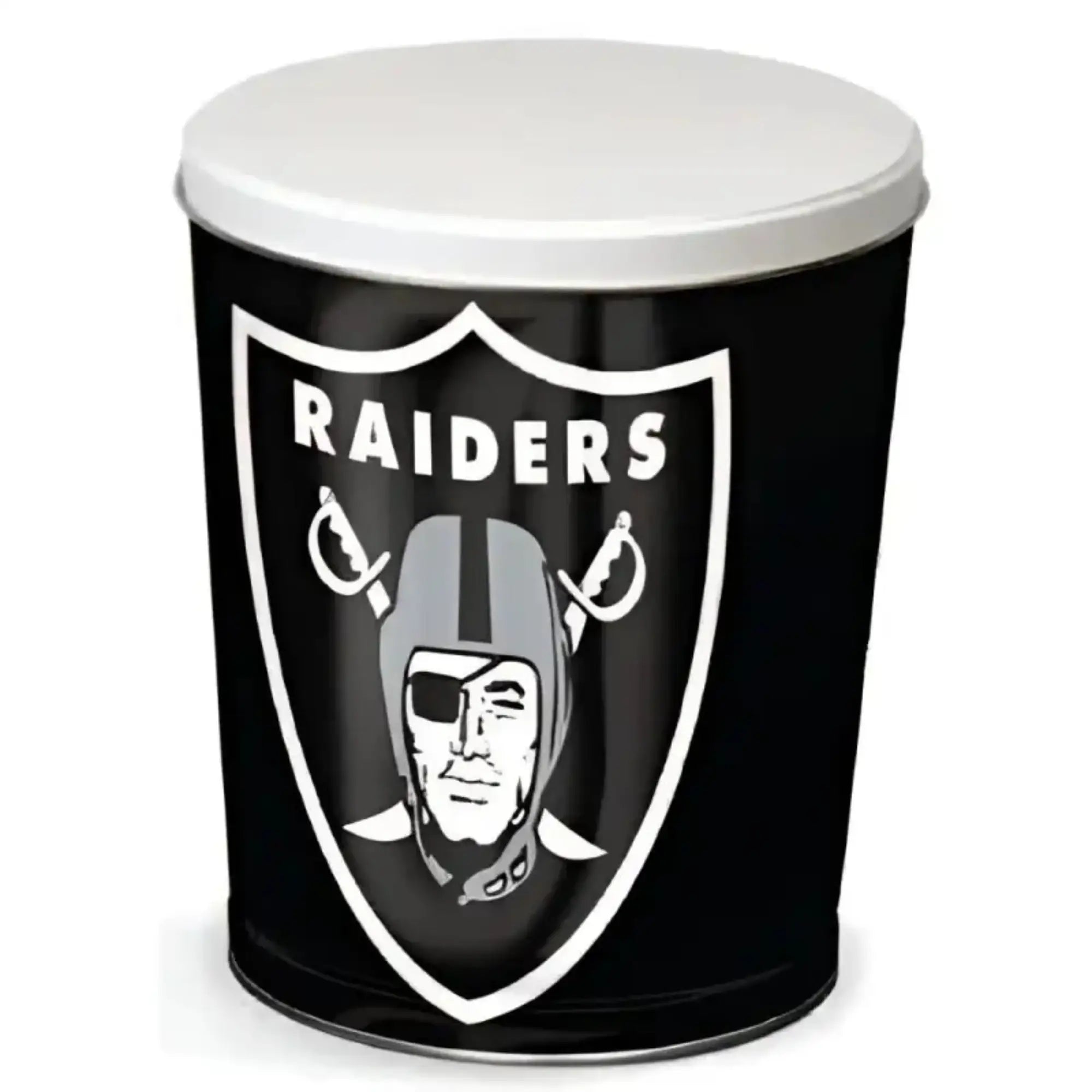 Black bucket with a white lid and the Las Vegas Raiders logo