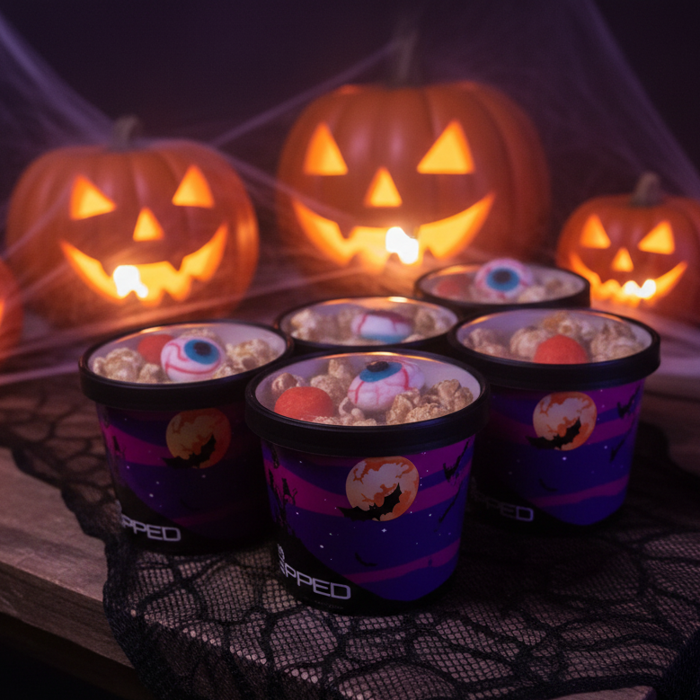 Halloween-themed party cups filled with popcorn and gummy eyeballs, arranged on a table with black lace cloth, spiderwebs, and glowing jack-o'-lanterns in the background.