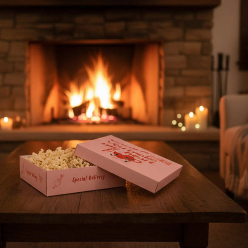 Pink cardboard popcorn box with red heart and special delivery text filled with fluffy white popcorn for a gourmet popcorn gift